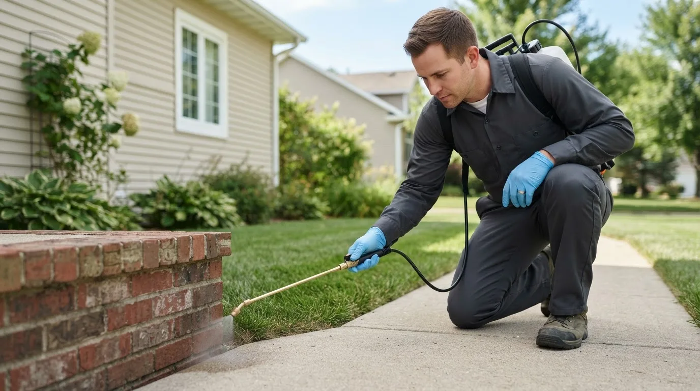 Pest control technician treating a home near Cedar Creek, TX